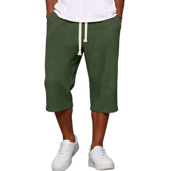 Men's Pants Elastic Waist Drawstring 3/4 Length Solid Textured Knit Loose Soft Breathable Summer Bottoms for Gym Workout Weekend Outings and Active Days Dark Green 2XL