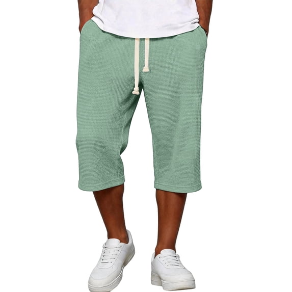 Men's Pants Elastic Waist Drawstring 3/4 Length Solid Textured Knit Loose Soft Breathable Summer Bottoms for Gym Workout Weekend Outings and Active Days Light Green M