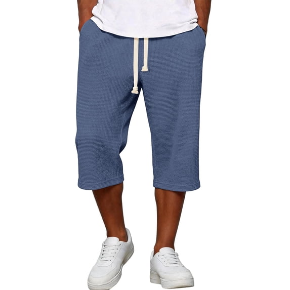 Men's Pants Elastic Waist Drawstring 3/4 Length Solid Textured Knit Loose Soft Breathable Summer Bottoms for Gym Workout Weekend Outings and Active Days Navy XL