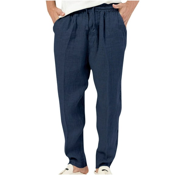 Men's Pants Fashion Summer Solid Casual Elastic Waist With Pocket Pants Regular Straight Pant Navy 2XL