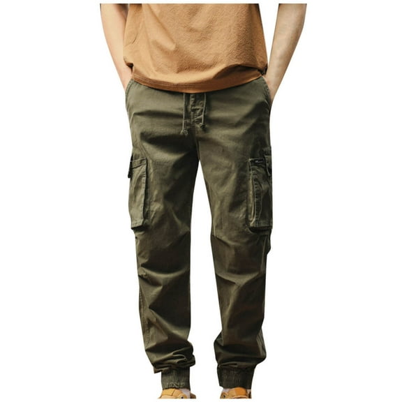 Men's Pants, Men Fashion Cotton Cargo Pants Elastic Waist Drawstring Trousers Regular Fit Outdoor Jogging Sweatpants with Pocket Army Green XL