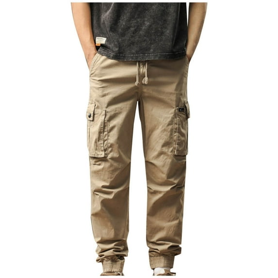 Men's Pants, Men Fashion Cotton Cargo Pants Elastic Waist Drawstring Trousers Regular Fit Outdoor Jogging Sweatpants with Pocket Beige XL