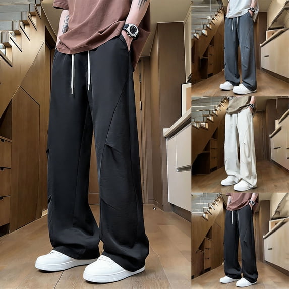 Men's Pants Men's Casual Fashion Drawstring Solid Color Pocket Elastic Waist Long Pants Black L