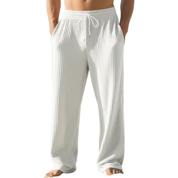 Men's Pants Men's Ribbed Knit Lounge Pajama Pants Stripes Textured Comfy Straight Leg Drawstring Fall Sweatpant with Pockets