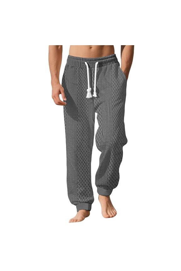 Men's Pants Mens Jacquard Relaxed Fit Pants – Elastic Waistband Drawstring Cuffed Joggers for Home, Outdoor