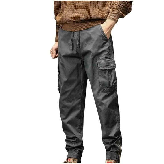 Men's Pants Ofreoo Men's Fashion Casual Solid Color Cargo Zipper Pockets Elastic Waist Full Length Pants Gift for Adults