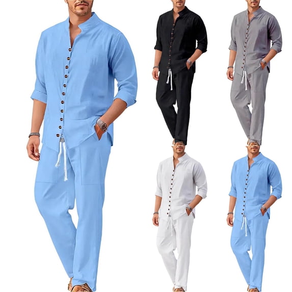 Men's Pants Set Cotton Linen Blend Suit, 2 Piece Outfit Button Pocket Long Sleeve Stand-Up Collar Casual Fashion Solid Color Trousers For Daily Wear Holiday Vacation | Zenithor,White 2XL