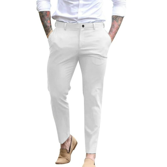 Men's Pants Slim Fit Business Solid Color Trousers with Pockets Flat Front Stretchy Dressy Mens Slacks White M