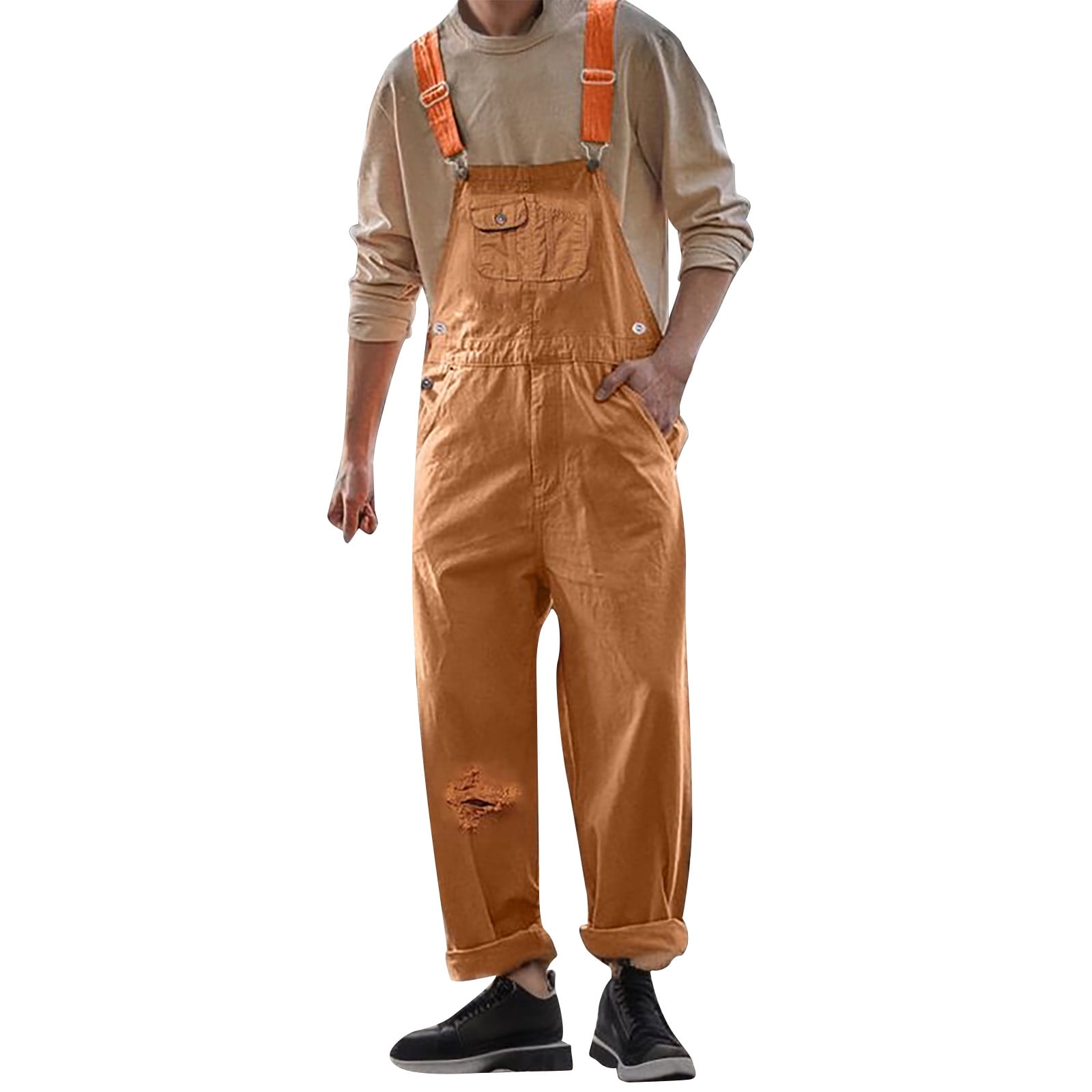 Men's Pants Solid Color High Waisted Jogger Denim Bib Overalls Workwear