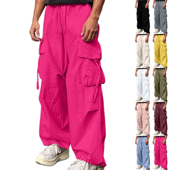 Men's Pants Straight Leg Business Work Casual Trousers Men's Solid Color Loose Straight Leg Casual Waisted Pants With Pocket Hot Pink Xl