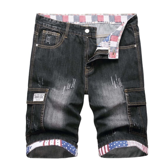 Men's Pants Summer Loose Shorts Jeans Zipper Elastic Slim Casual Denim Shorts Play Wrap Ripped Mid-length Pants Black Cargo Pocket Pants for Men