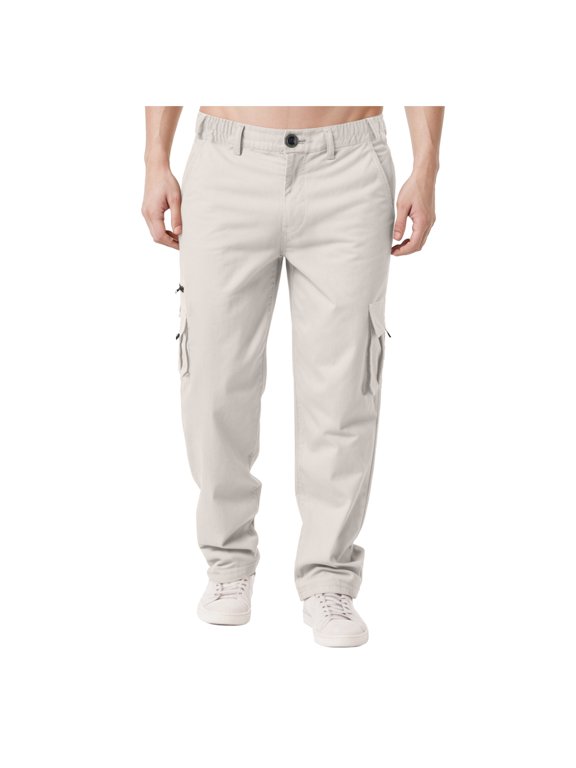 Men's Pants for Work Mens Casual Straight Leg Stretch Cargo Pants Lightweight Relaxed Fit Drawstring Elastic Waist Pants with Multi Pockets