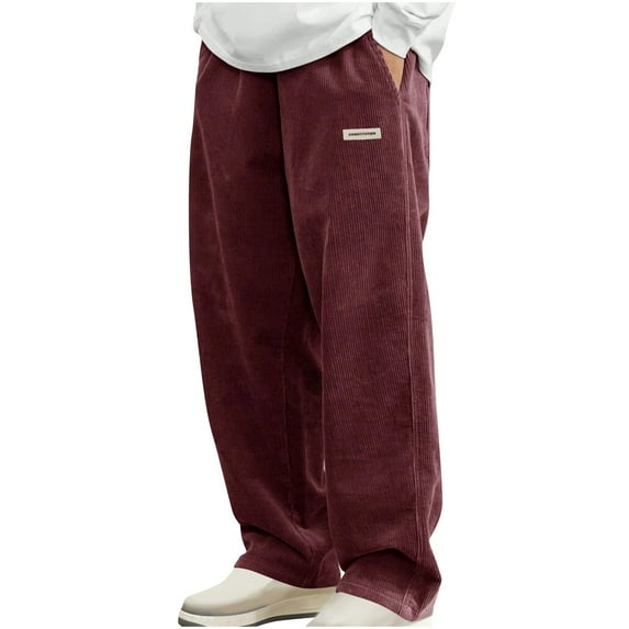 Men's Pants for Work New Mens Corduroy Straight Leg Pants Long Solid Elastic Waist Casual Trousers Going out Sweatpants with Pockets Wine XL