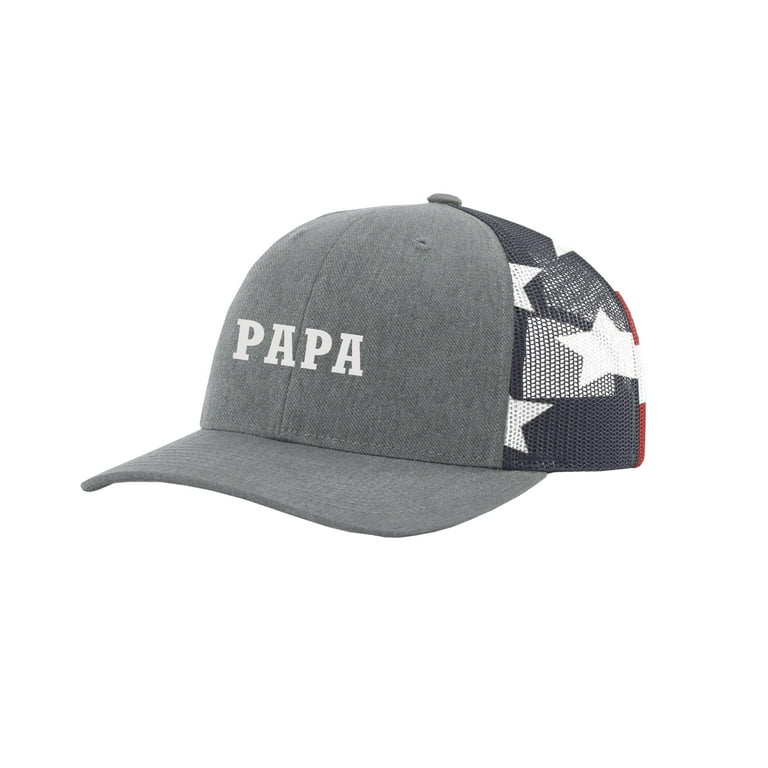 Men's Papa Father's Day Custom Embroidered Mesh Back Trucker Hat, Heather  Grey/American Flag 