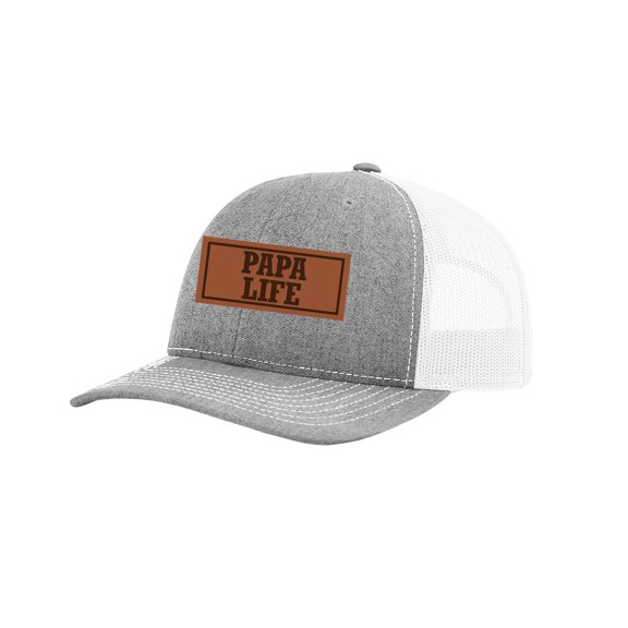 Men's Papa Life Father's Day Laser Engraved Leather Patch Trucker Hat, Heather Grey/White