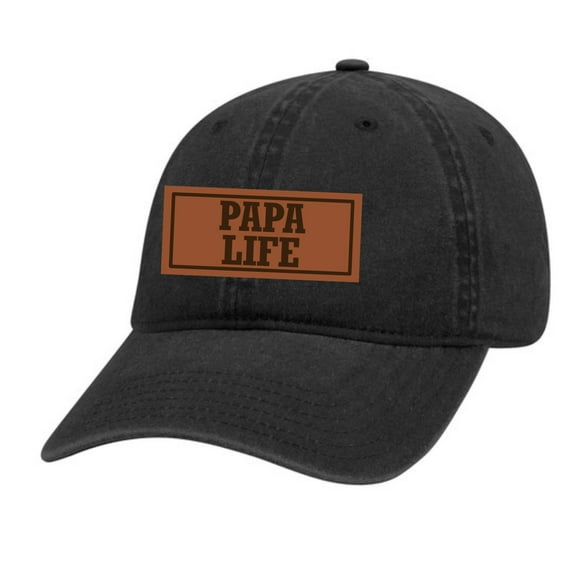 Men's Papa Life Father's Day Laser Engraved Leather Patch Twill Buckle Back Hat, Black