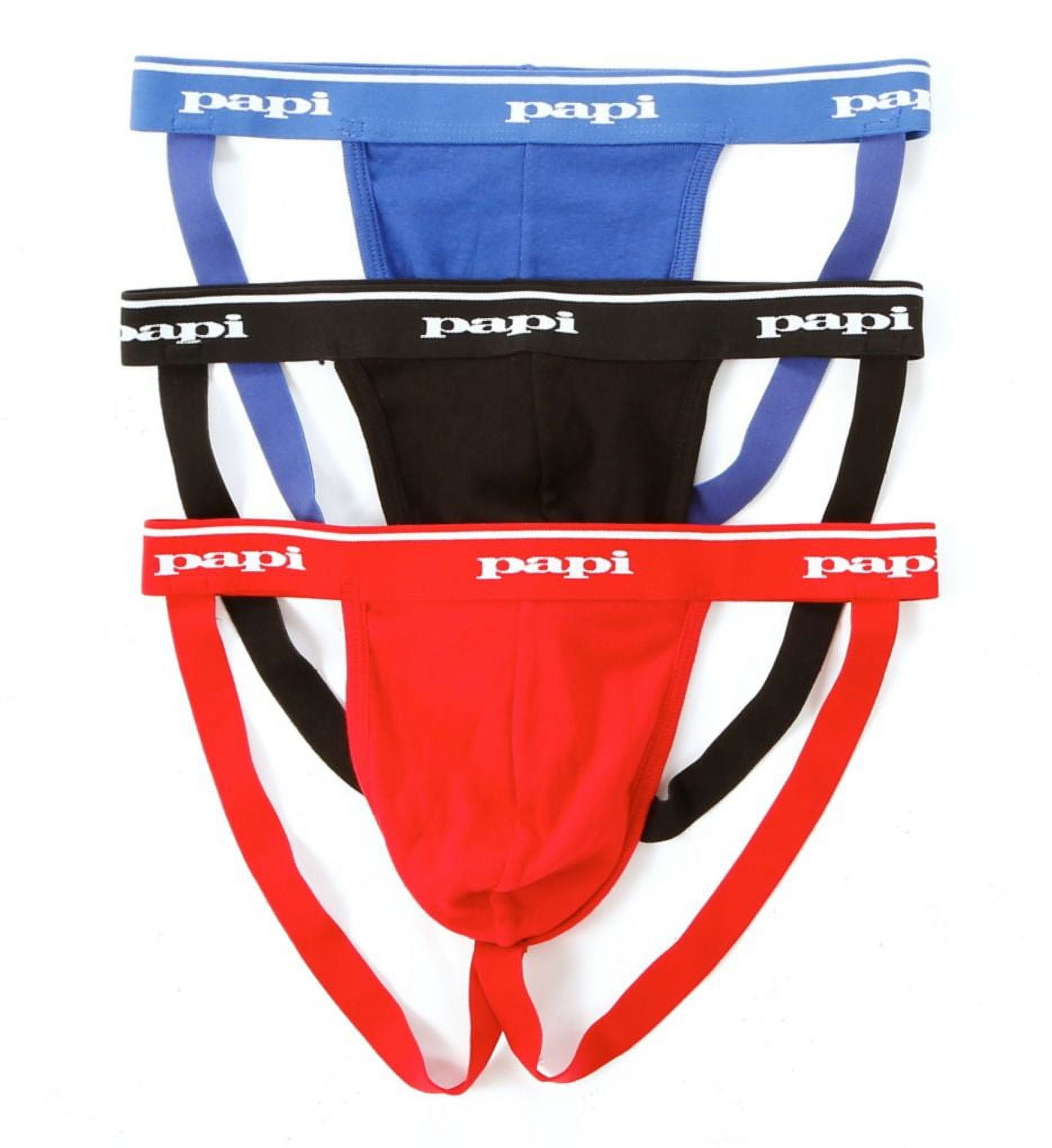  Papi Mens 3-Pack Jockstrap, Athletic Supporter, Breathable  Male Workout Underwear, Black/White/Blue, Large