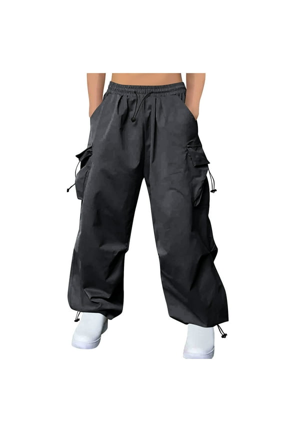 Men's Parachute Cargo Pants Baggy Cargo Pants Casual Loose Fit Hip Hop Harem Pants with Pockets Y2K Streetwear Dark Gray M