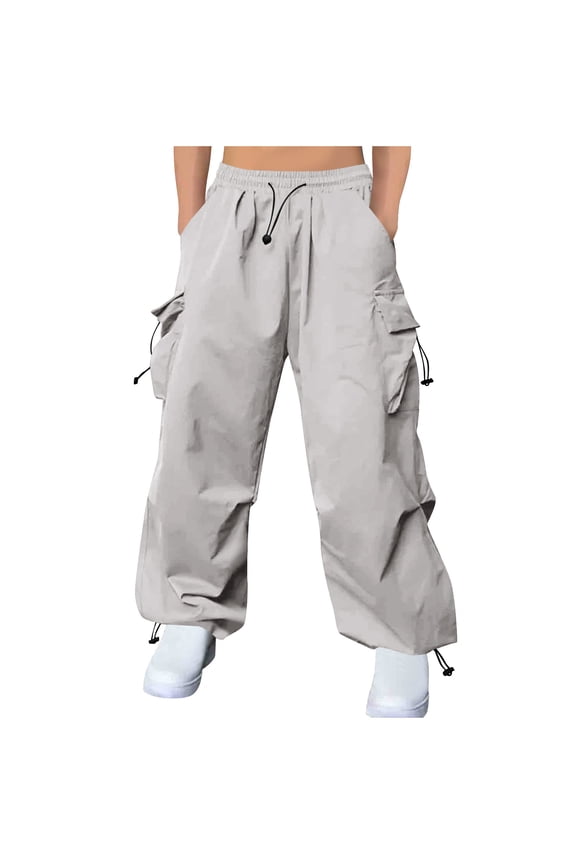 Men's Parachute Cargo Pants Baggy Cargo Pants Casual Loose Fit Hip Hop Harem Pants with Pockets Y2K Streetwear Silver M
