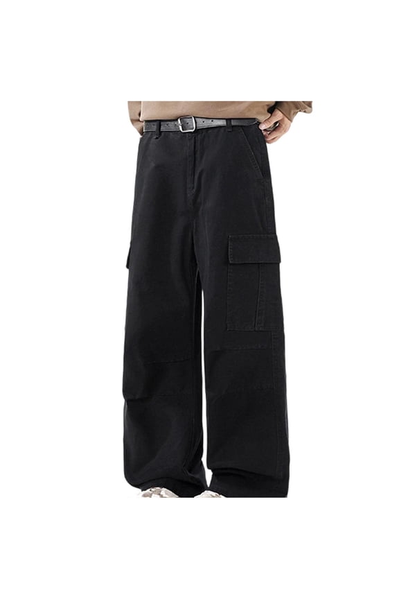 Men's Parachute Pants Casual Outdoor Baggy Cotton Work Cargo Trouser with Flap Muti Pocket Size 3XL Black