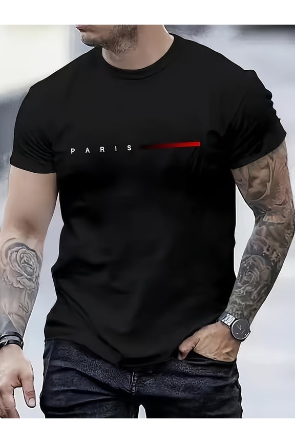 Men's Paris Letter Print T-Shirt: Breathable Novelty Casual Top with Round Neck, Short Sleeves for Spring Summer Holidays, Trending 2025 Gift Idea