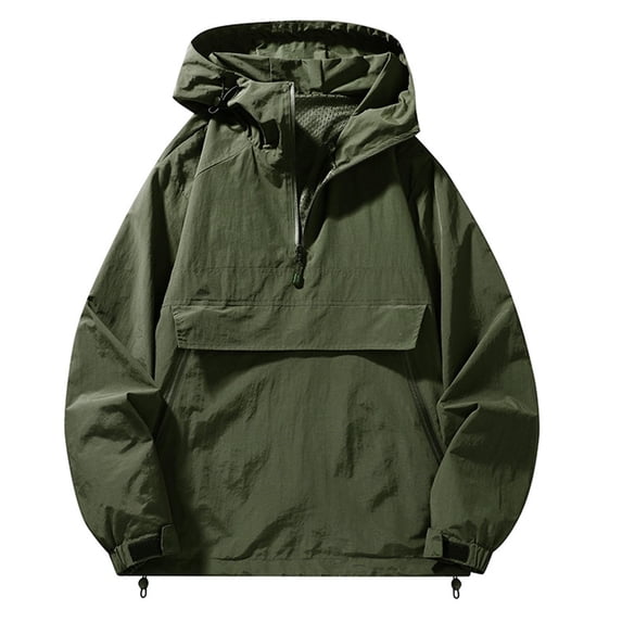 Men's Parka Jacket Windproof Waterproof Coat Half Zip Hooded Outerwear with Zipper Pocket,Daily Outdoor Casual Comfy Wear,Green,S