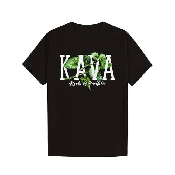 Men's Pasifika Kava Roots T-Shirt - Soft Cotton Crew Neck Short Sleeve, Micronesian Melanesi esign with KAVA Lettering & Green Leaf Print, Black Casual Summer Shirt for Beach, Outdoor & Casual Attire