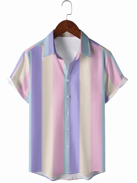 Men's Pastel Vertical Stripe Short Sleeve Button Down Shirt, Retro Casual Top for Spring Summer Daily Wear