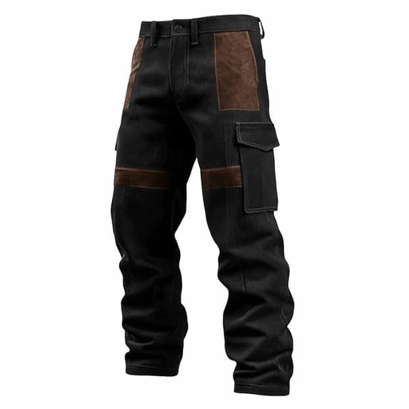Men's Patchwork Cargo Pants Corduroy Ripstop Outdoor Adventure Wear Casual Hiking Work Pants with Multi Pockets(No Belt) Black