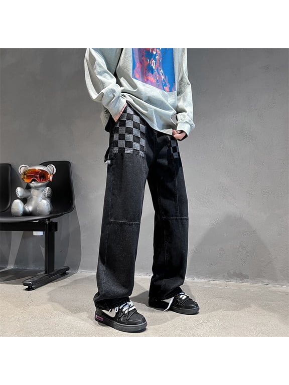 Men's Patchwork Checkerboard Straight Leg Jeans, Loose Wide Leg Denim Pants Casual Streetwear Trousers
