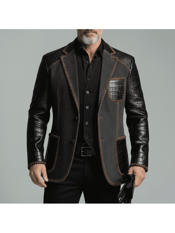 Men's Patchwork Crocodile PU Leather & Wool Blend Blazer, Single-Breasted Notch Lapel Slim Fit Sport Coat with Contrast Stitching