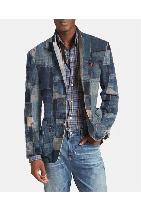 Men's Patchwork Denim Blazer, Single-Breasted Vintage Boro Style Casual Sport Coat