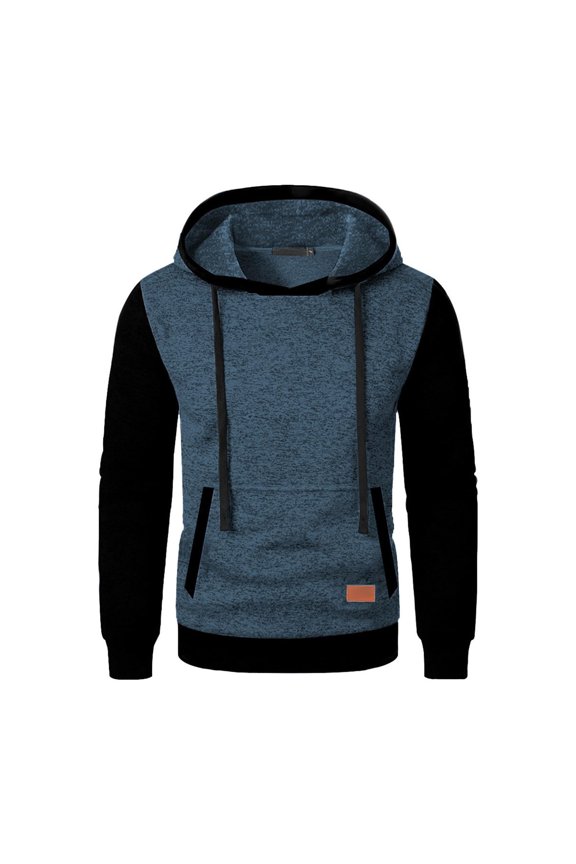 Men's Patchwork Hoodie Fleece Color Block Pullover Long Sleeve Sweatshirt with Pocket Casual Lightweight Jacket