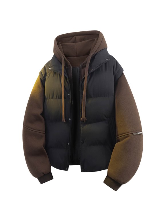Men's Patchwork Jackets Fashion Two in One Jacket Winter Warm Hooded Coats Padded Jacket for Daily Wear