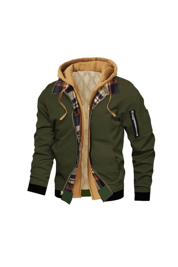 Men's Patchwork Plaid Cargo Jacket Two In One Long Sleeve Hooded Drawstring Zip Up Cardigan Coat with Pockets Olive Green S