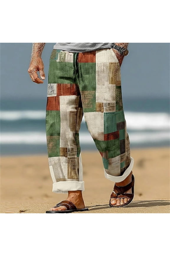 Men's Patchwork Print Casual Pants – Loose Fit Drawstring Trousers with Elastic Waist Digital 3D Patterned Lounge Pants, Lightweight Summer Beach Bottoms with Pockets, Relaxed Stylish Streetwear