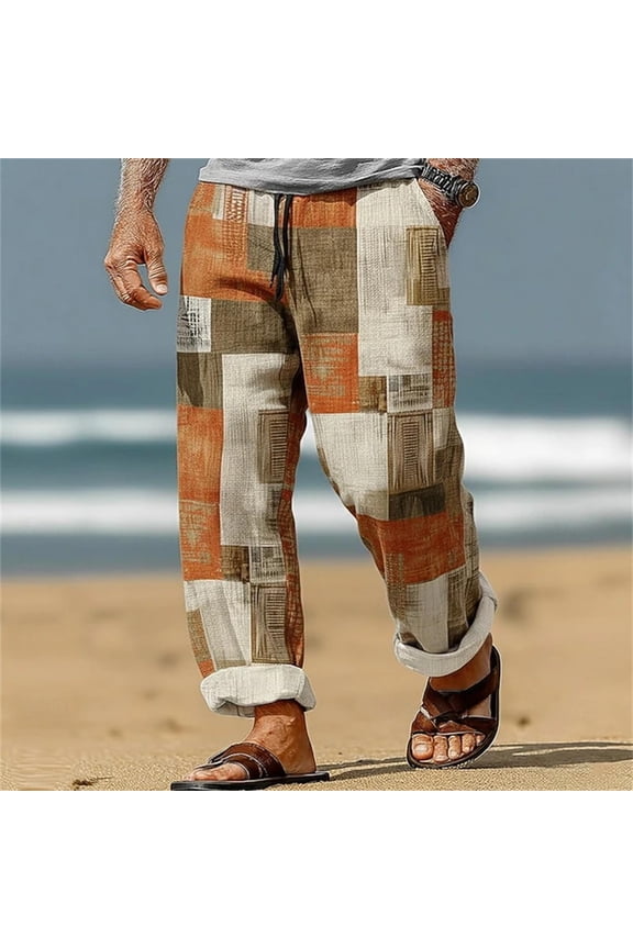 Men's Patchwork Print Casual Pants – Loose Fit Drawstring Trousers with Elastic Waist Digital 3D Patterned Lounge Pants, Lightweight Summer Beach Bottoms with Pockets, Relaxed Stylish Streetwear
