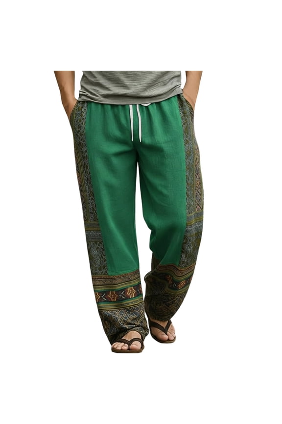 Men's Patchwork Print Hippie Pants Bohemian Yoga Boho Pant Drawstring Elastic High Waist Baggy Wide Leg Trouser