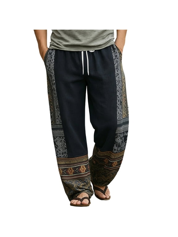 Men's Patchwork Print Hippie Pants Bohemian Yoga Boho Pant Drawstring Elastic High Waist Baggy Wide Leg Trouser