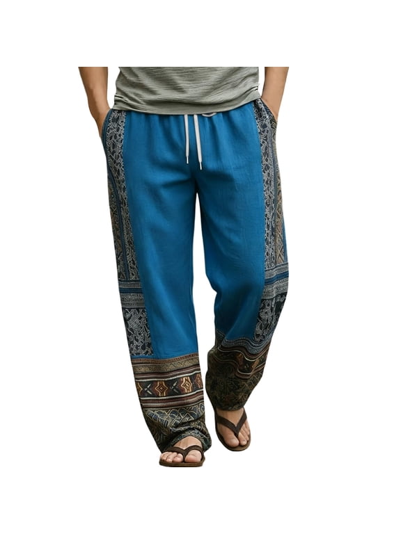 Men's Patchwork Print Hippie Pants Bohemian Yoga Boho Pant Drawstring Elastic High Waist Baggy Wide Leg Trouser