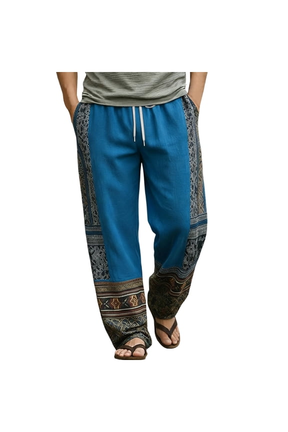 Men's Patchwork Print Hippie Pants Bohemian Yoga Boho Pant Drawstring Elastic High Waist Baggy Wide Leg Trouser