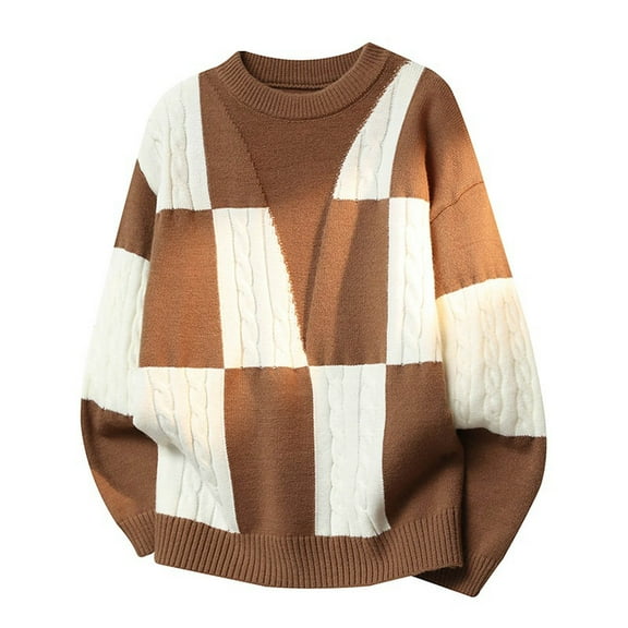 Men's Patchwork Sweaters Casual Color Block Crew Neck Long Sleeve Vintage Cable Knit Pullover Sweatshirts Comfy Fall Tops (3XL, Coffee-1)