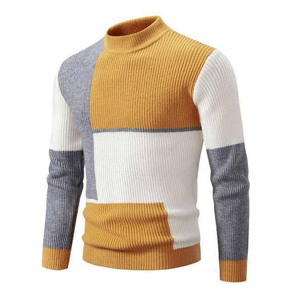 Men's Patchwork Sweaters Loose Fit Crewneck Color Block Cable Knit Pullovers Long Sleeve Jumper Tops Yellow XXXL