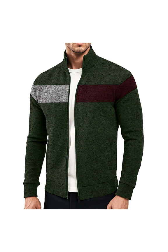 Men's Patchwork Sweatshirt Jacket Stand Collar Zipper Cardigan Long Sleeve Casual Lightweight Autumn