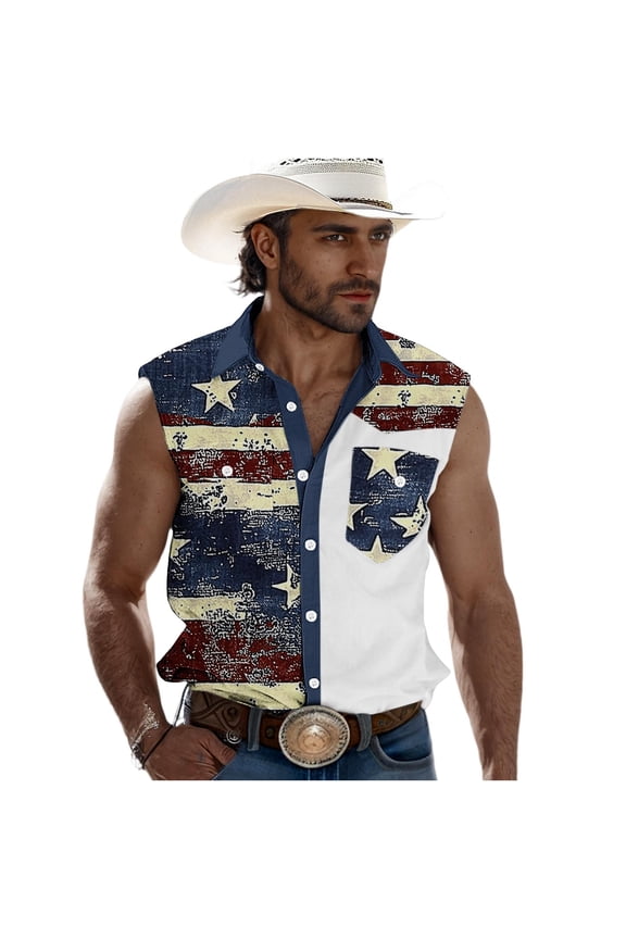 Men's Patchwork Western Cowboy Sleeveless Shirt, US Flag Print with Western Style Flap Pockets, Retro Patriotic Button Down for Casual Rodeo Wear and Summer Festivals, Big and Tall Sizes S-3XL Navy