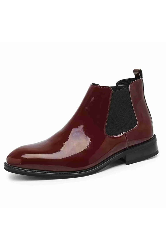 Men's Patent Leather Chelsea Boots, Lightweight Business Casual Sneakers for Men, Breathable Lace-Up Dress Shoes for Office, Walking, (Black & Burgundy)