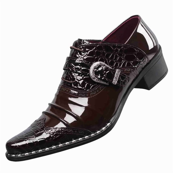Men’s Patent Leather Croc-Embossed Dress Shoes, Pointed Toe Block Heel Buckle Oxford Shoes for Formal & Business