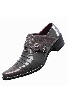 Men’s Patent Leather Croc-Embossed Dress Shoes, Pointed Toe Block Heel Buckle Oxford Shoes for Formal & Business