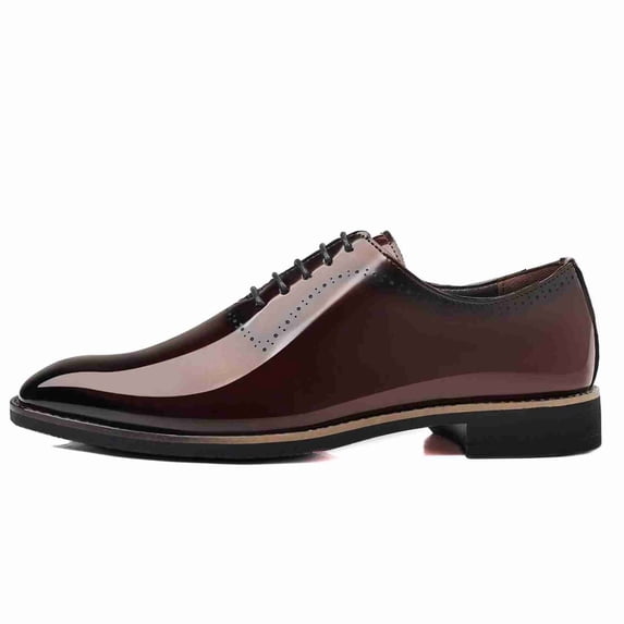 Men's Patent Leather Oxford Dress Shoes with Perforated Detailing - Formal Lace-Up Pointed Toe Shoes for Business, Wedding, Prom