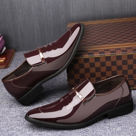 Men's Patent Leather Pointed-Toe Loafers - Formal Slip-On Dress Shoes with Metal Buckle